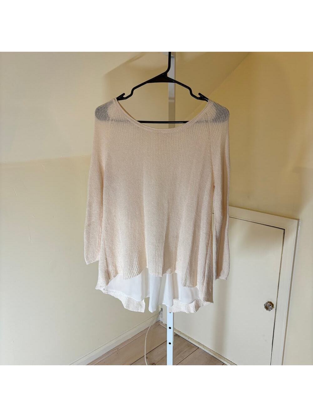 Anthropologie Moth EUC Women's Cream Marled Knit Split Back Chiffon Sweater XS